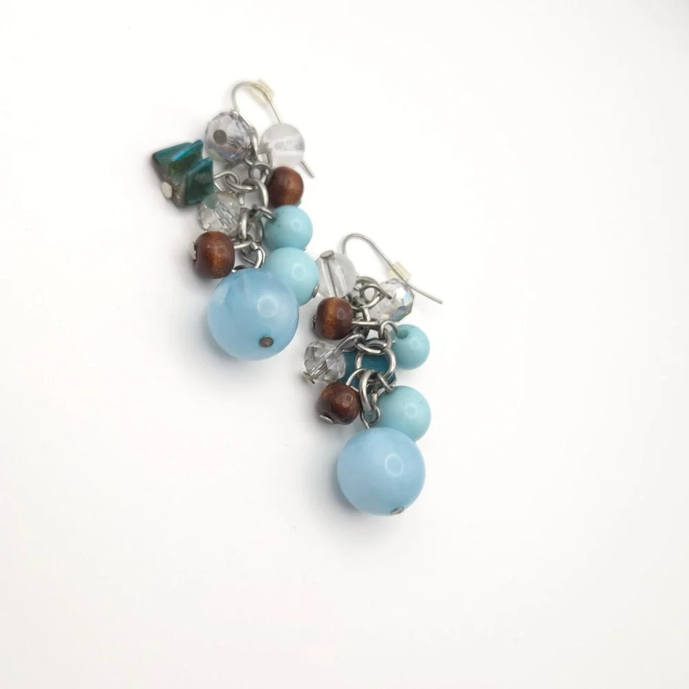 Boho Blue Cluster Dangle Earrings Wood Crystal Bead Silver Tone‎ Drop 2 Inch